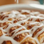 Warm cinnamon roll casserole with icing drizzle in a baking dish