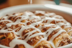 Warm cinnamon roll casserole with icing drizzle in a baking dish