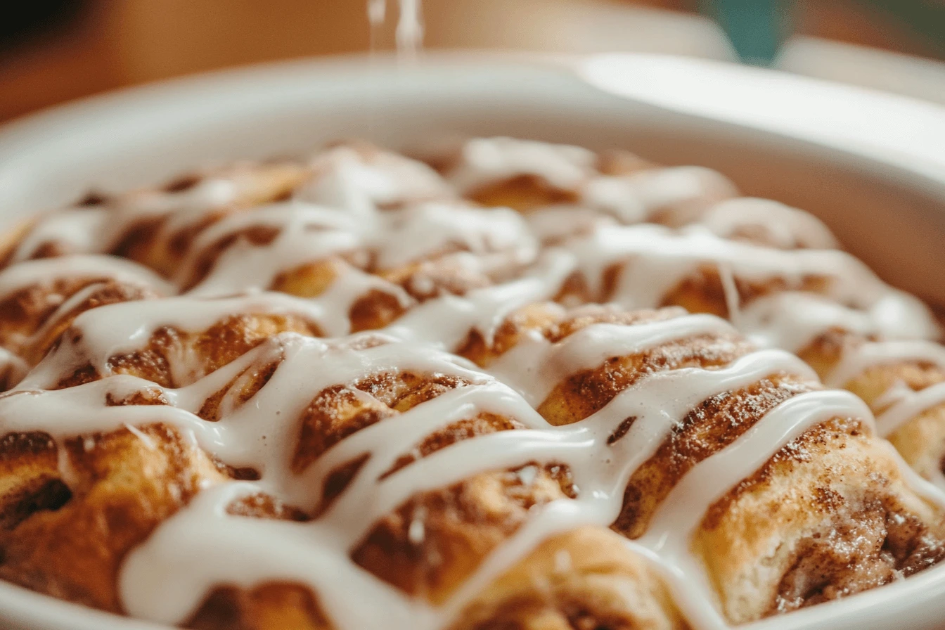 Warm cinnamon roll casserole with icing drizzle in a baking dish