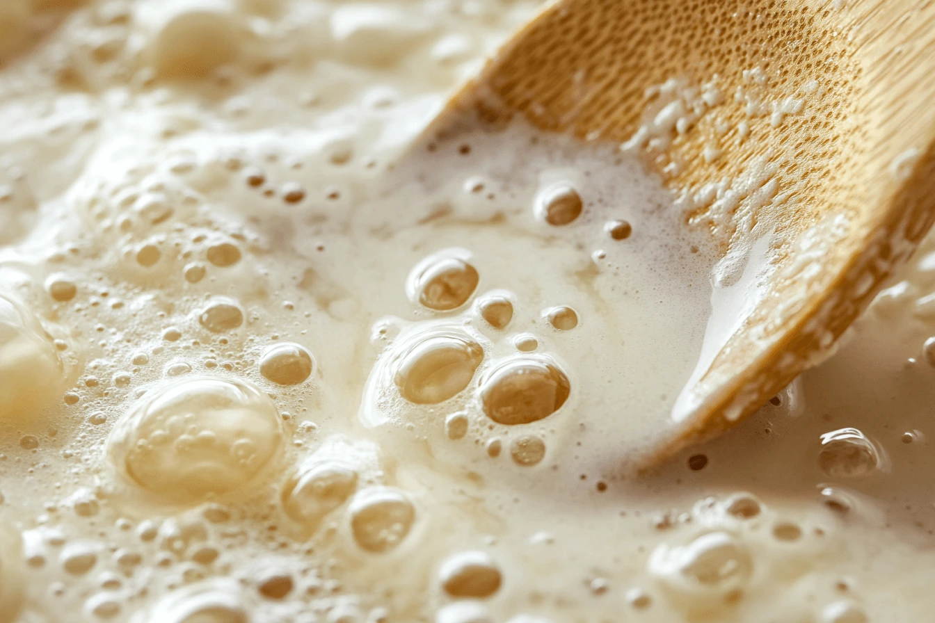 Pancake batter with air bubbles forming.