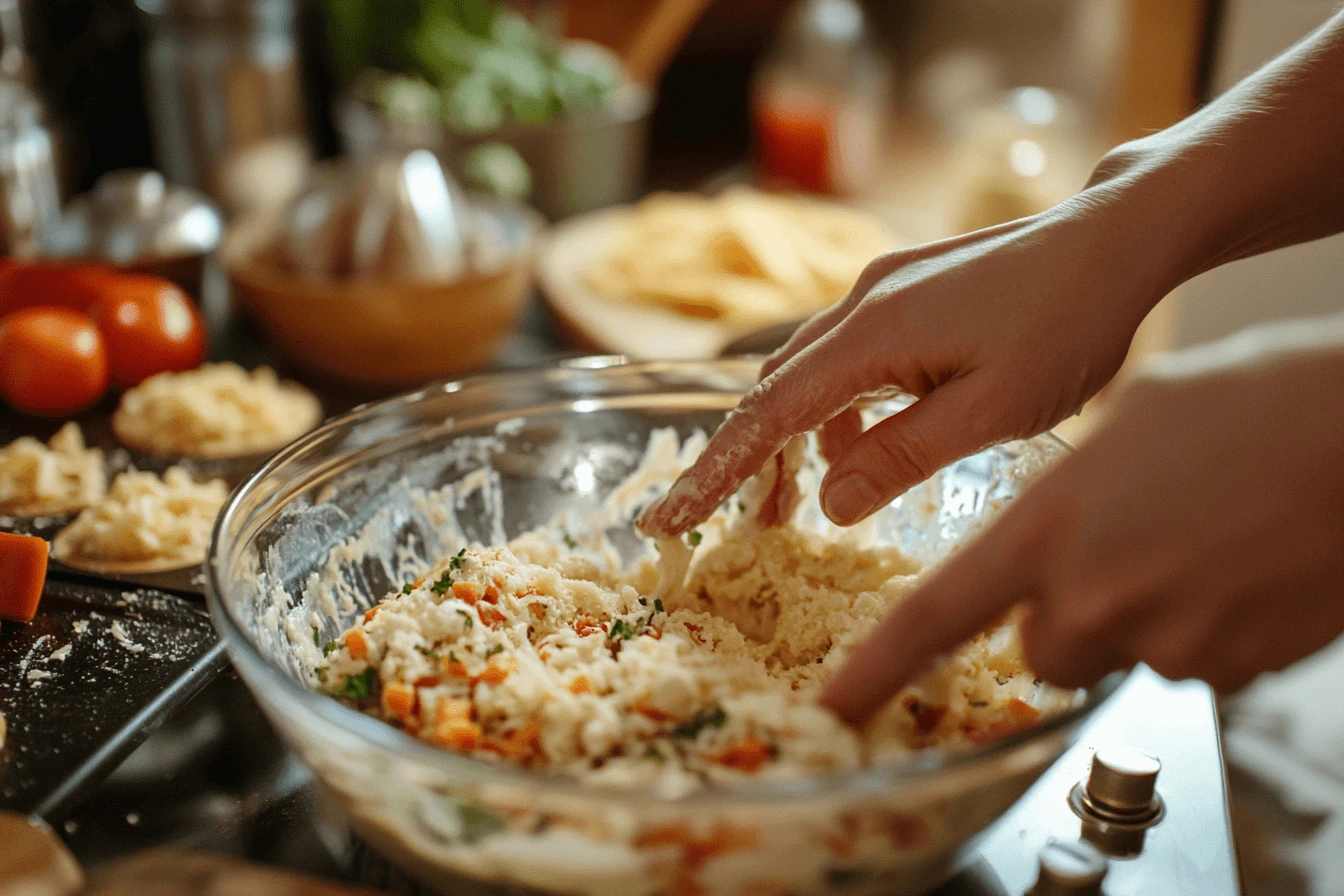 Hands mixing batter for savory breakfast muffins with cheese and vegetables, preparing for baking.