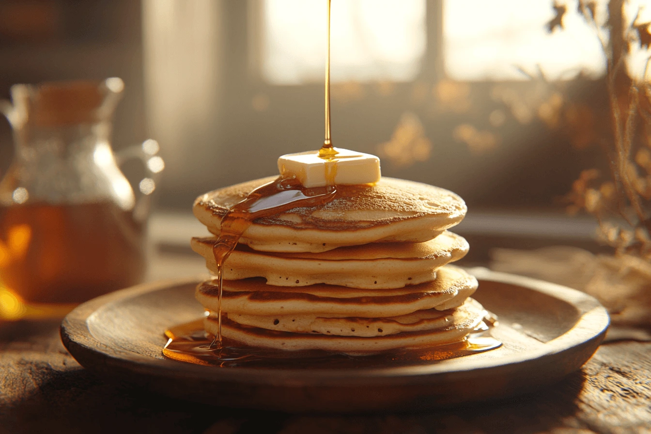 A stack of fluffy buttermilk pancakes with butter and syrup.