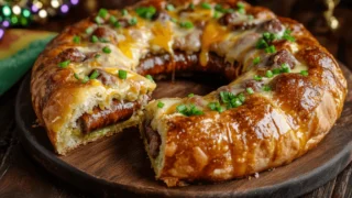 A golden-brown Boudin King Cake, topped with cheese and green onions, sliced open to reveal its boudin sausage filling.