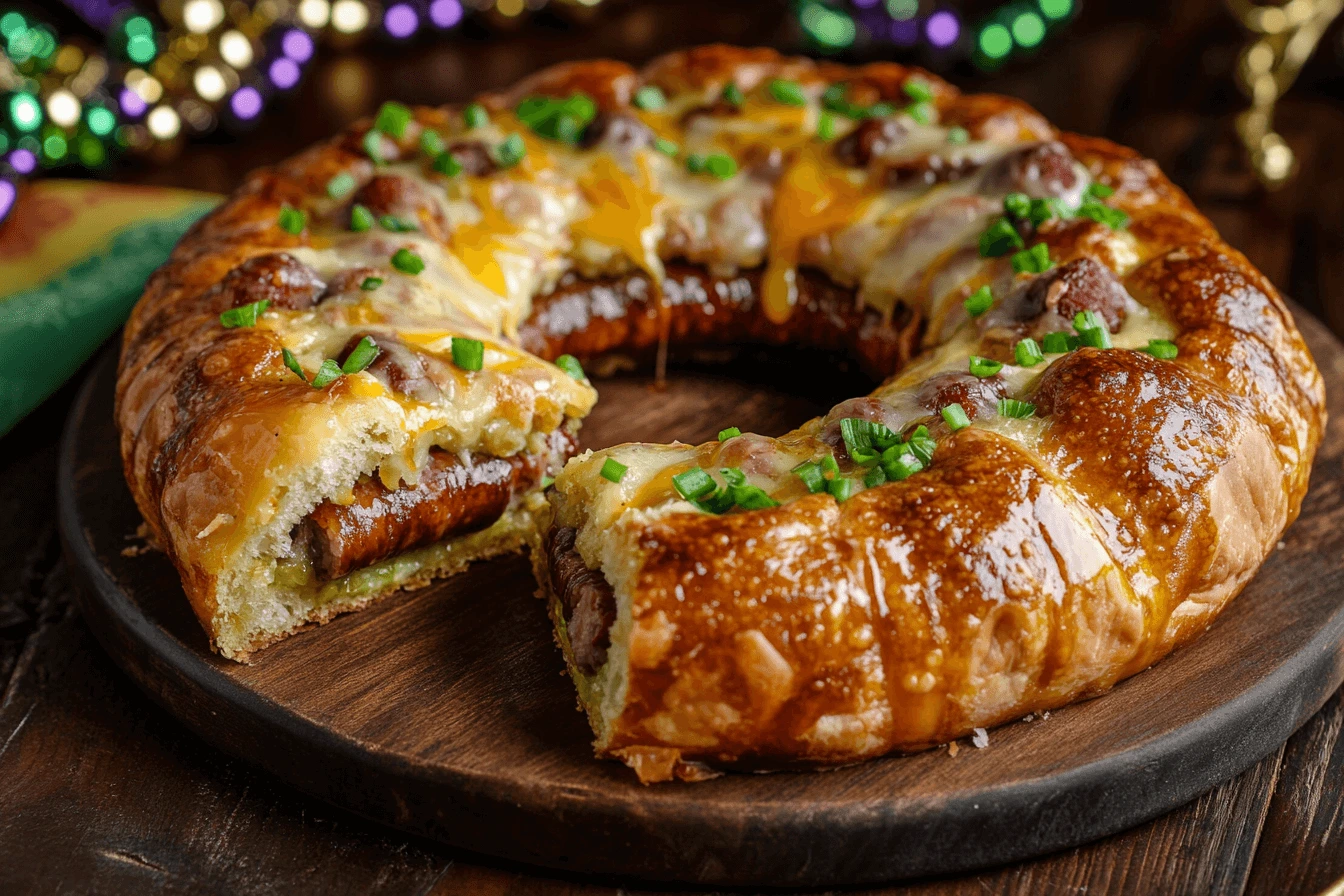 A golden-brown Boudin King Cake, topped with cheese and green onions, sliced open to reveal its boudin sausage filling.