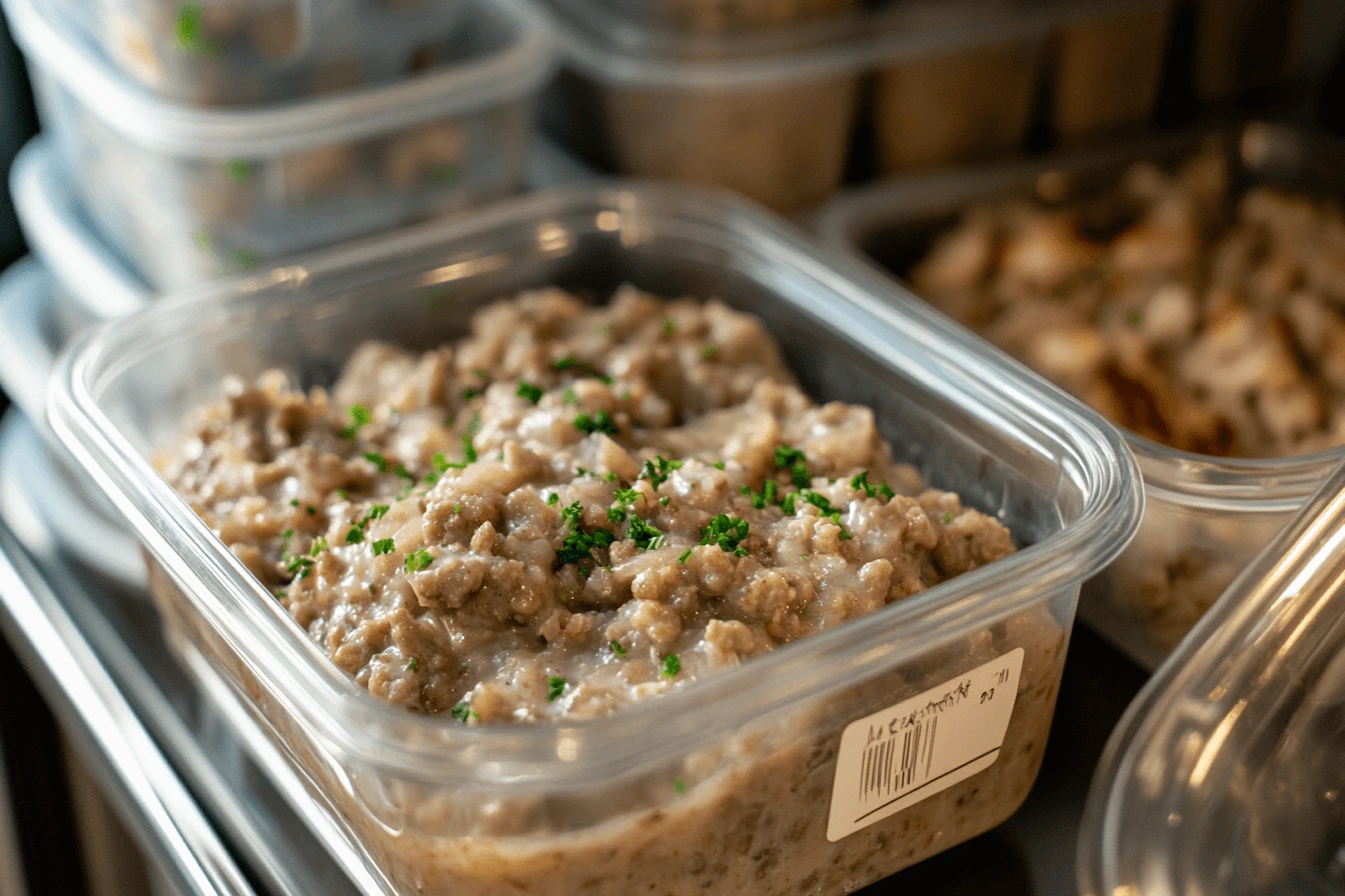 A sealed container of leftover sausage gravy stored in a refrigerator.