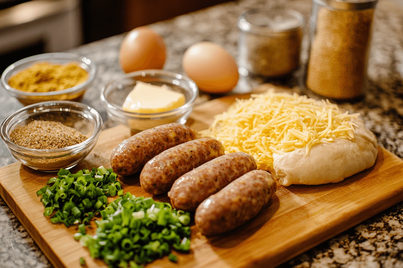 Ingredients for making Boudin King Cake, including boudin sausage, pastry dough, cheese, and Cajun seasonings, laid out on a kitchen counter. 