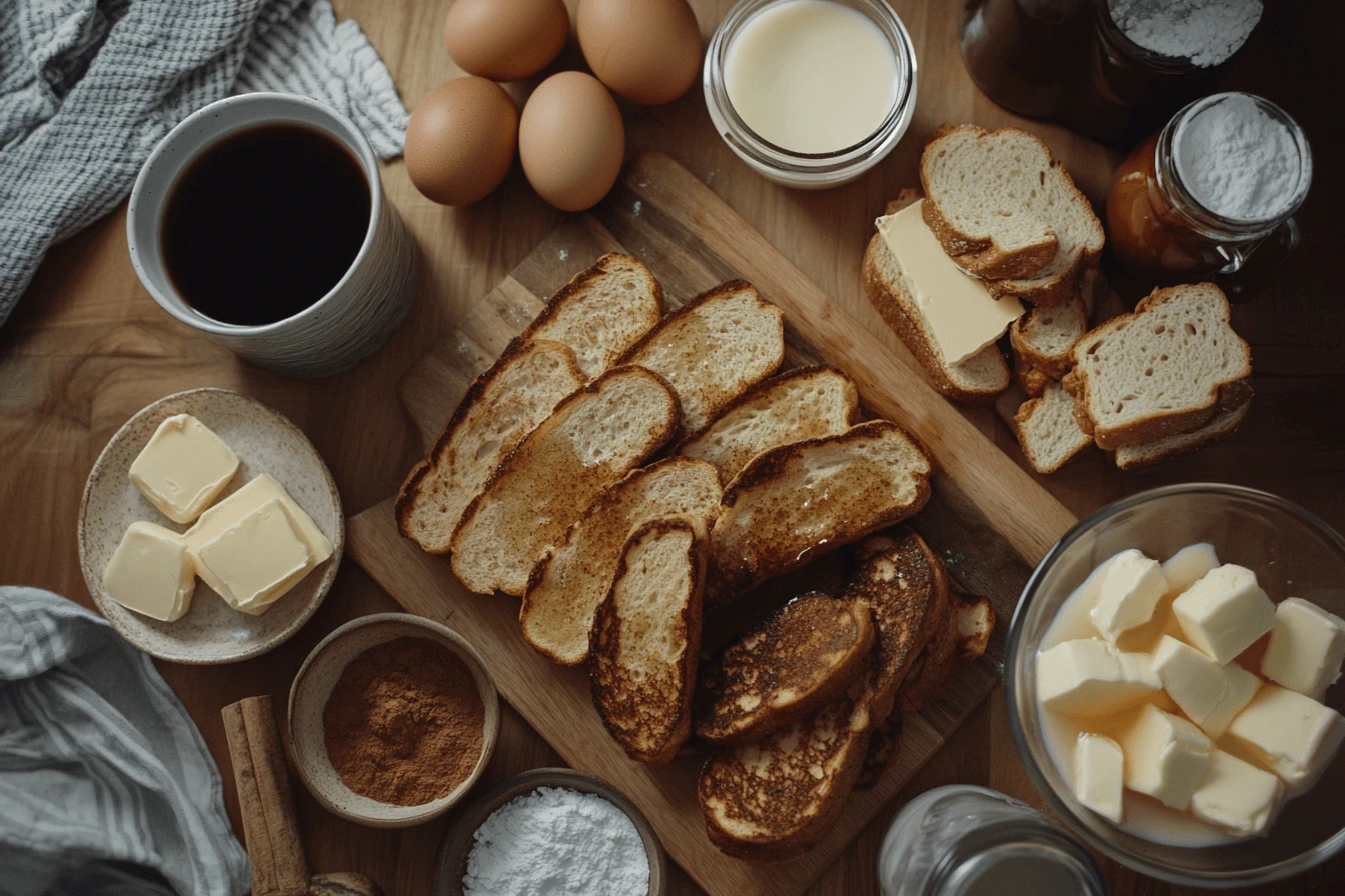 A collection of key ingredients for making sourdough French toast, including eggs, milk, cinnamon, and bread. 