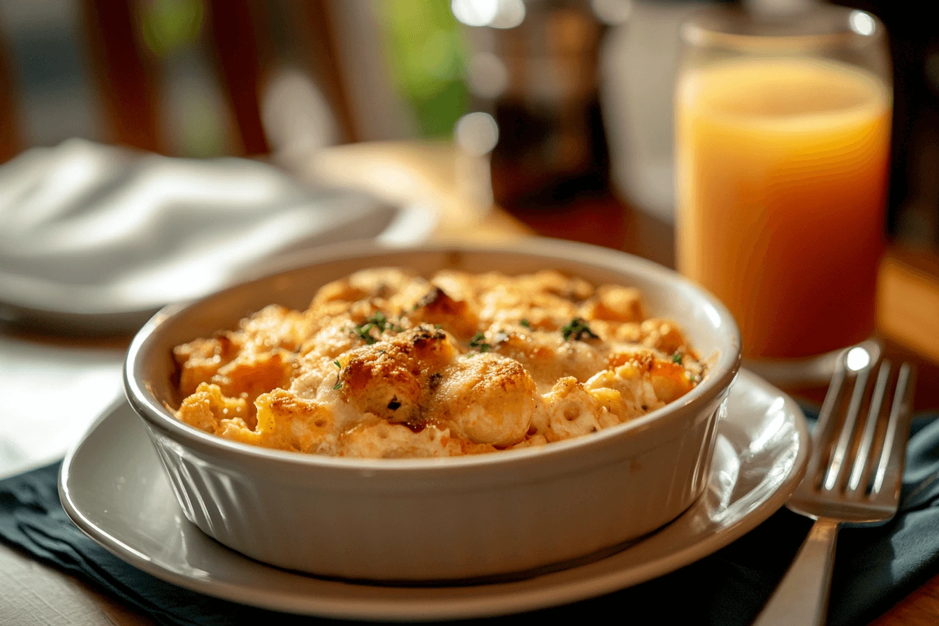 A plated serving of the casserole with a fork, accompanied by coffee or orange juice