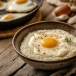 A steaming bowl of grits with butter and eggs, served in a traditional Southern kitchen.