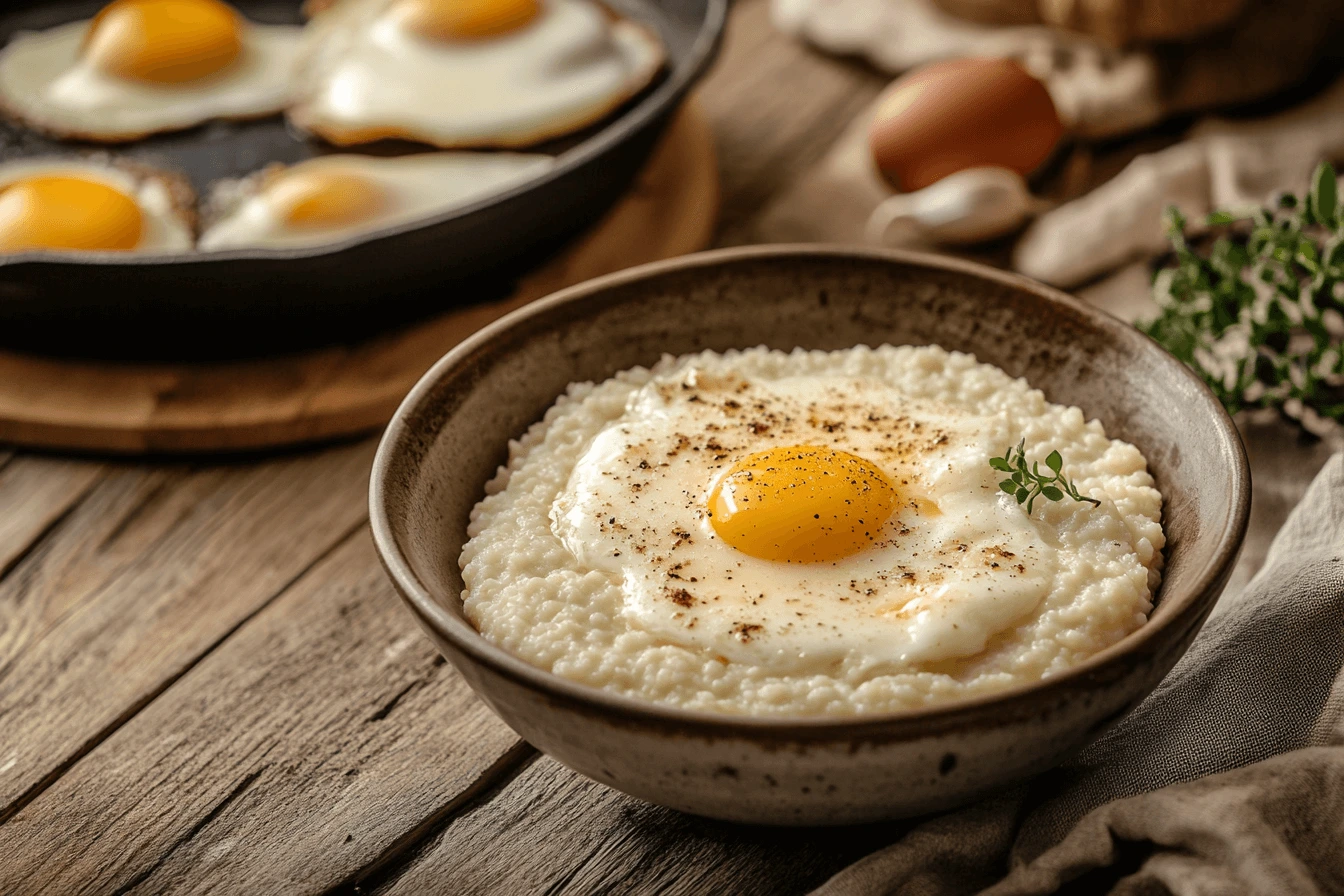 A steaming bowl of grits with butter and eggs, served in a traditional Southern kitchen.