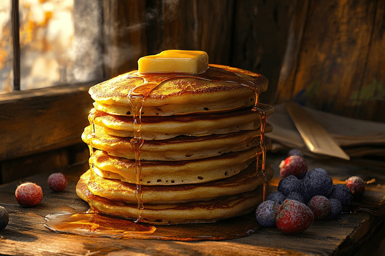A stack of fluffy buttermilk pancakes with syrup and butter.