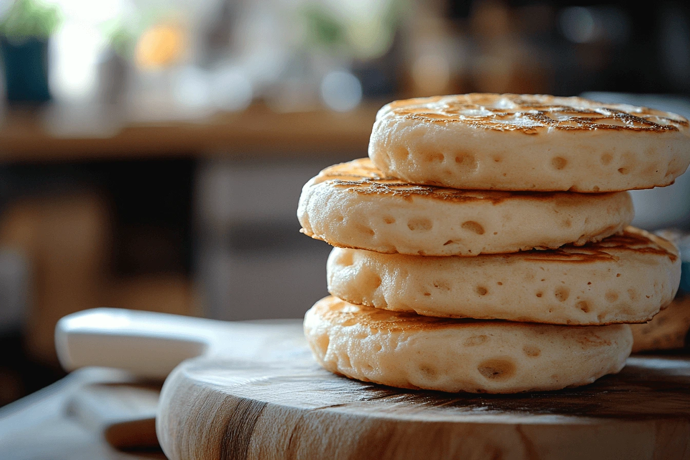 Close-up of golden-brown crumpets with airy holes, stacked on a wooden board.