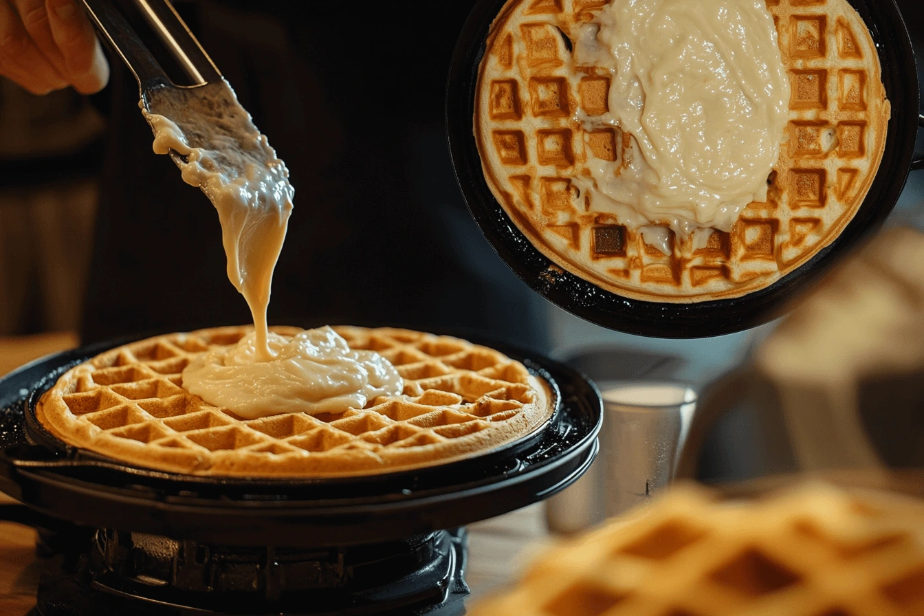 Making homemade waffles in a waffle iron.