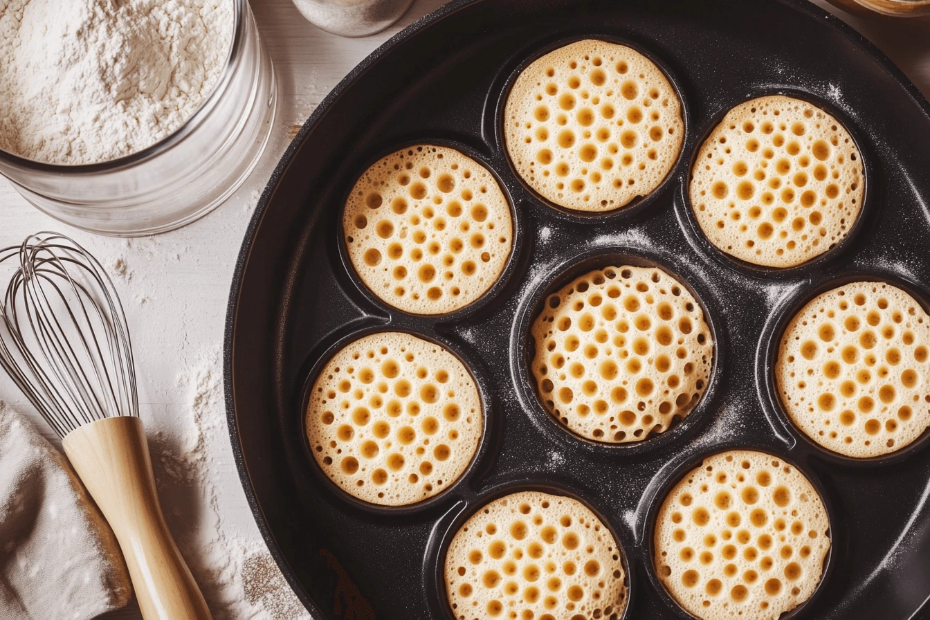 Crumpets cooking on a skillet inside metal molds, with bubbles forming on the surface.

