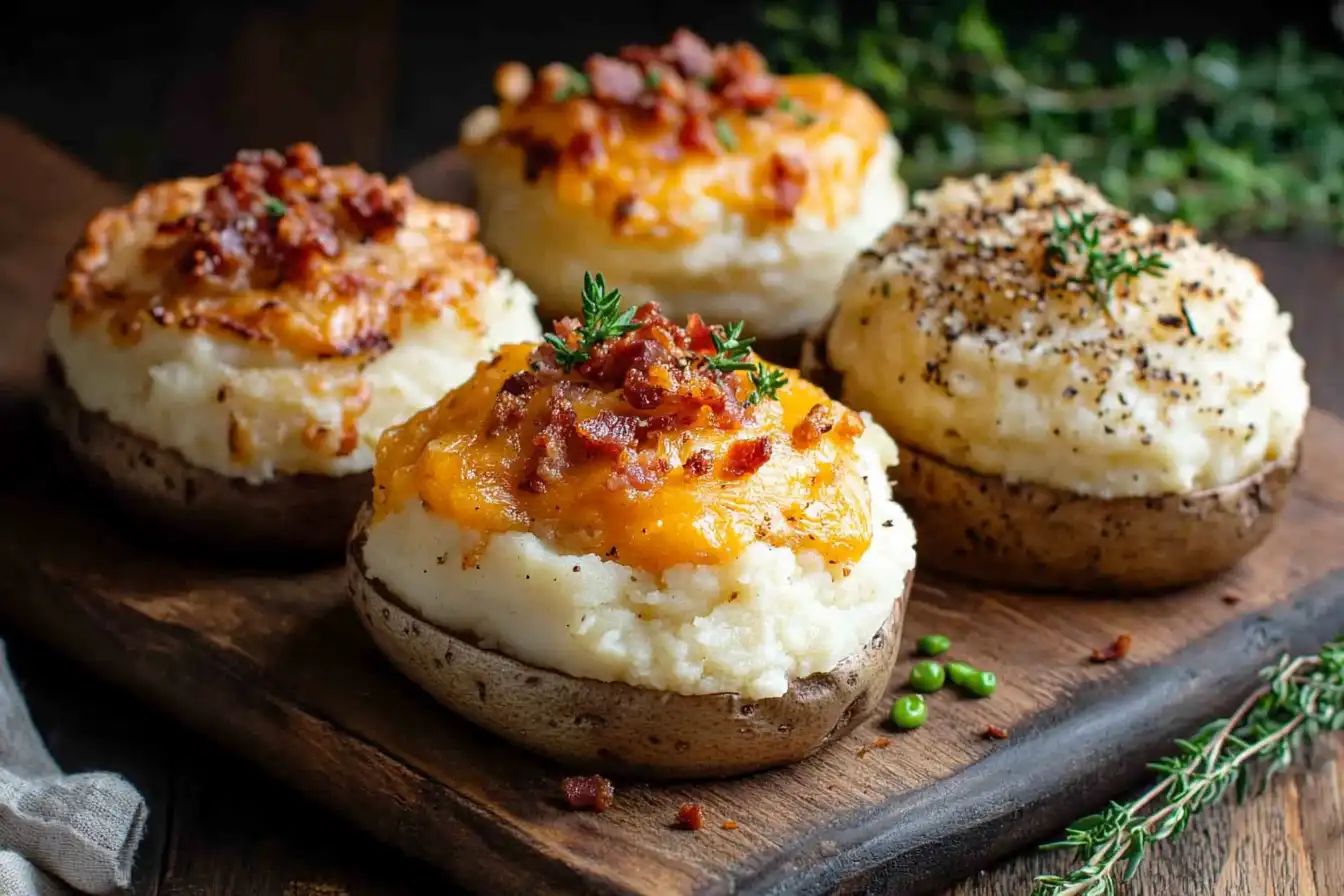 Golden twice baked mashed potatoes garnished with herbs on a serving platter.