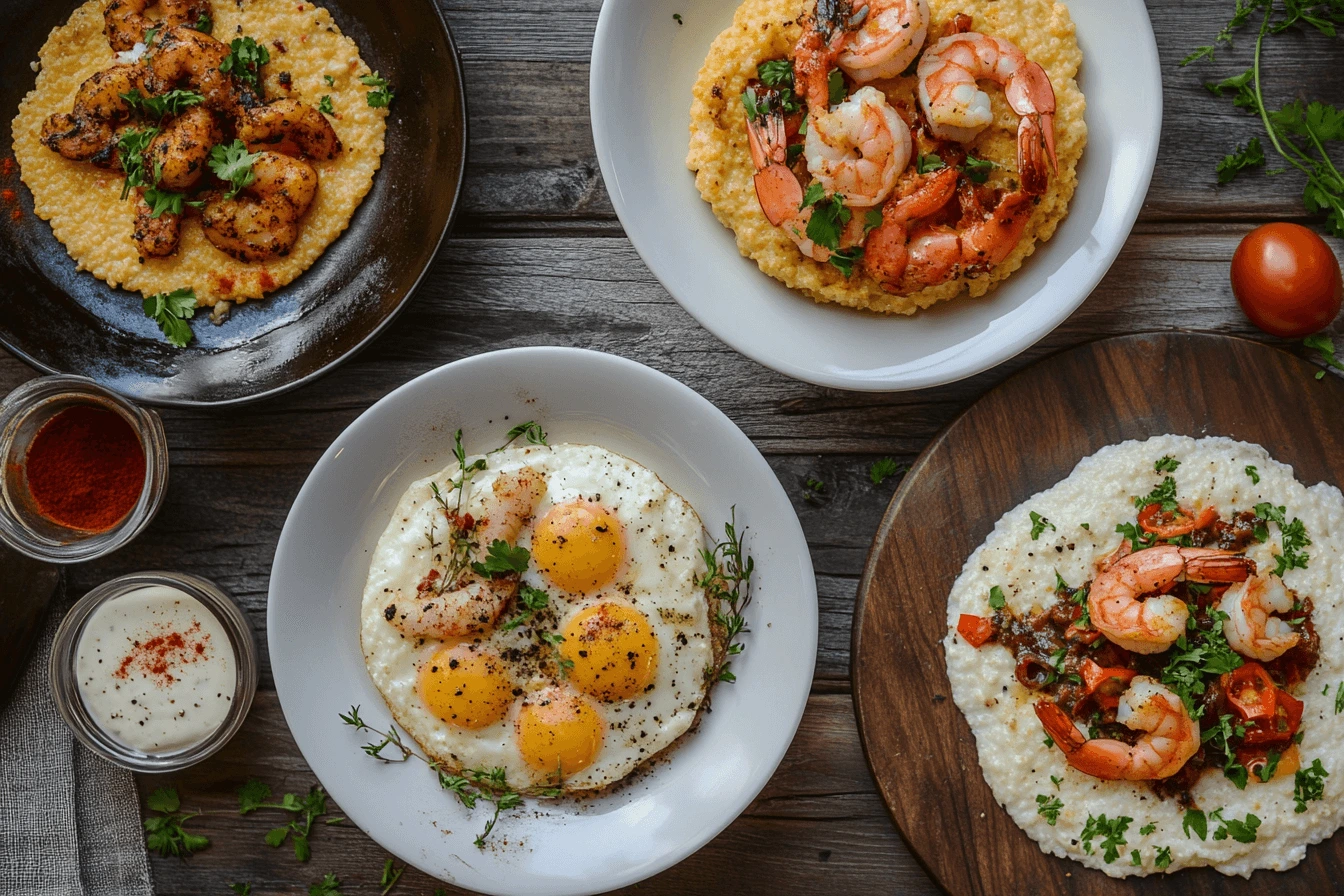 Three different styles of eggs and grits—classic, cheesy, and shrimp & grits—served on a rustic table.
