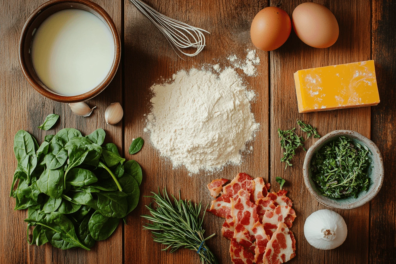  A flat lay of fresh ingredients used to make savory breakfast muffins, including eggs, cheese, flour, and vegetables.